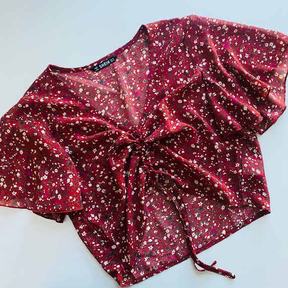 NWOT Red Floral Cinched Tie Blouse - Picture 5 of 12